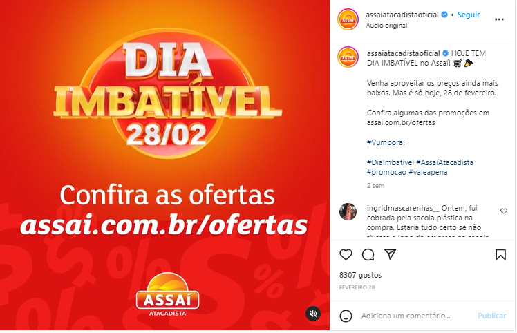 Publicação do supermercado Assaí Atacadista no Instagram