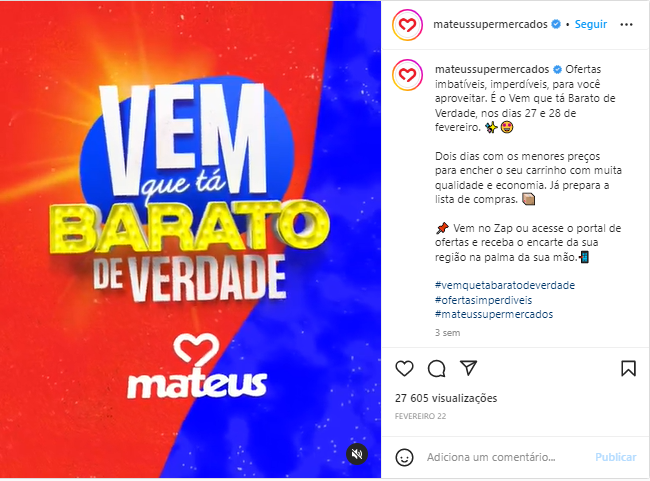 Publicação do supermercado Mateus no Instagram