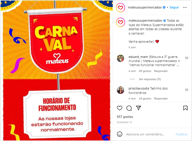 Publicação do supermercado Mateus no Instagram