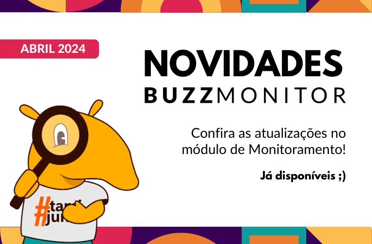 mascote da buzzmonitor tami ao lado do texto "novidades buzzmonitor"