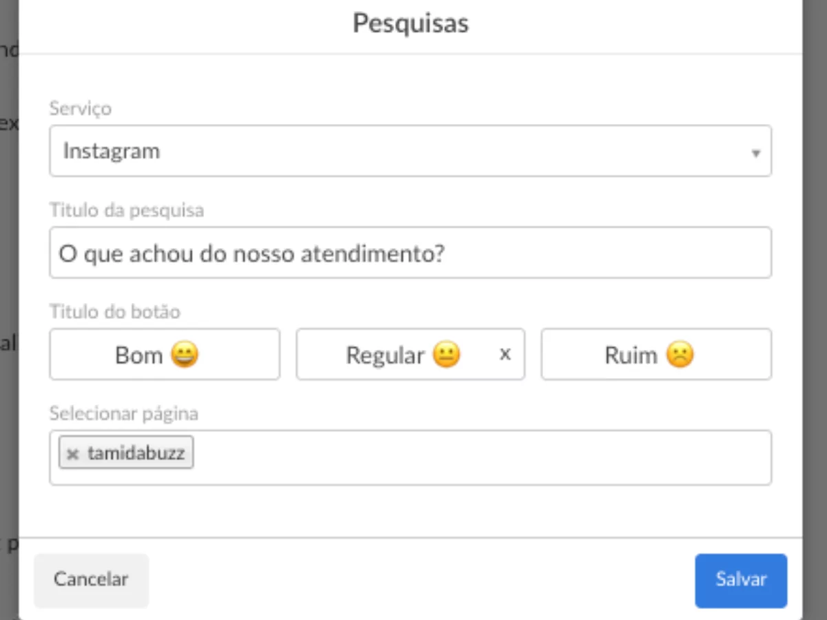 tela para criar uma pesquisa de satisfação no instagram