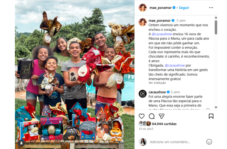 Família do jovem Emanuel com vários ovos da Cacau Show enviados pela marca