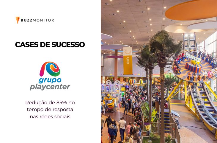 Grupo Playcenter reduz 85% do tempo de resposta nas redes sociais com a Buzzmonitor + foto de unidade do grupo playcenter, com brinquedos e muito público.