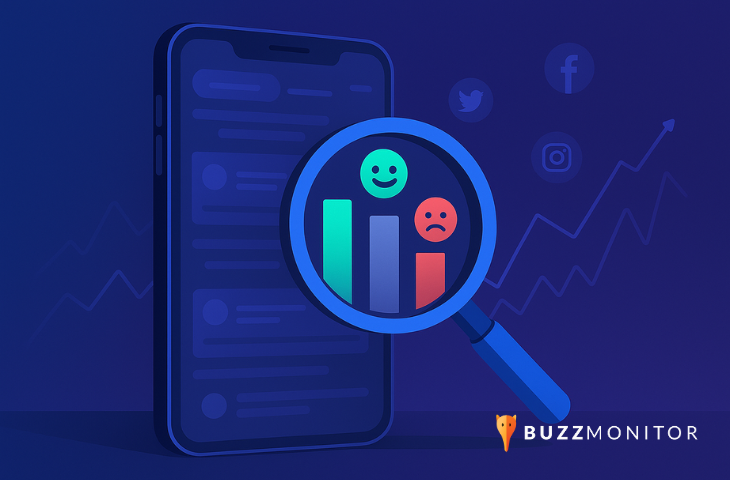 lustração de um celular com posts de redes socais e uma lupa simbolizando a análise de sentimento dos posts.